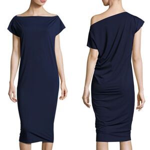 Chiara Boni Dress Shirley Navy Blue Jersey Short Sleeve Blouson Midi Dress Sz 40